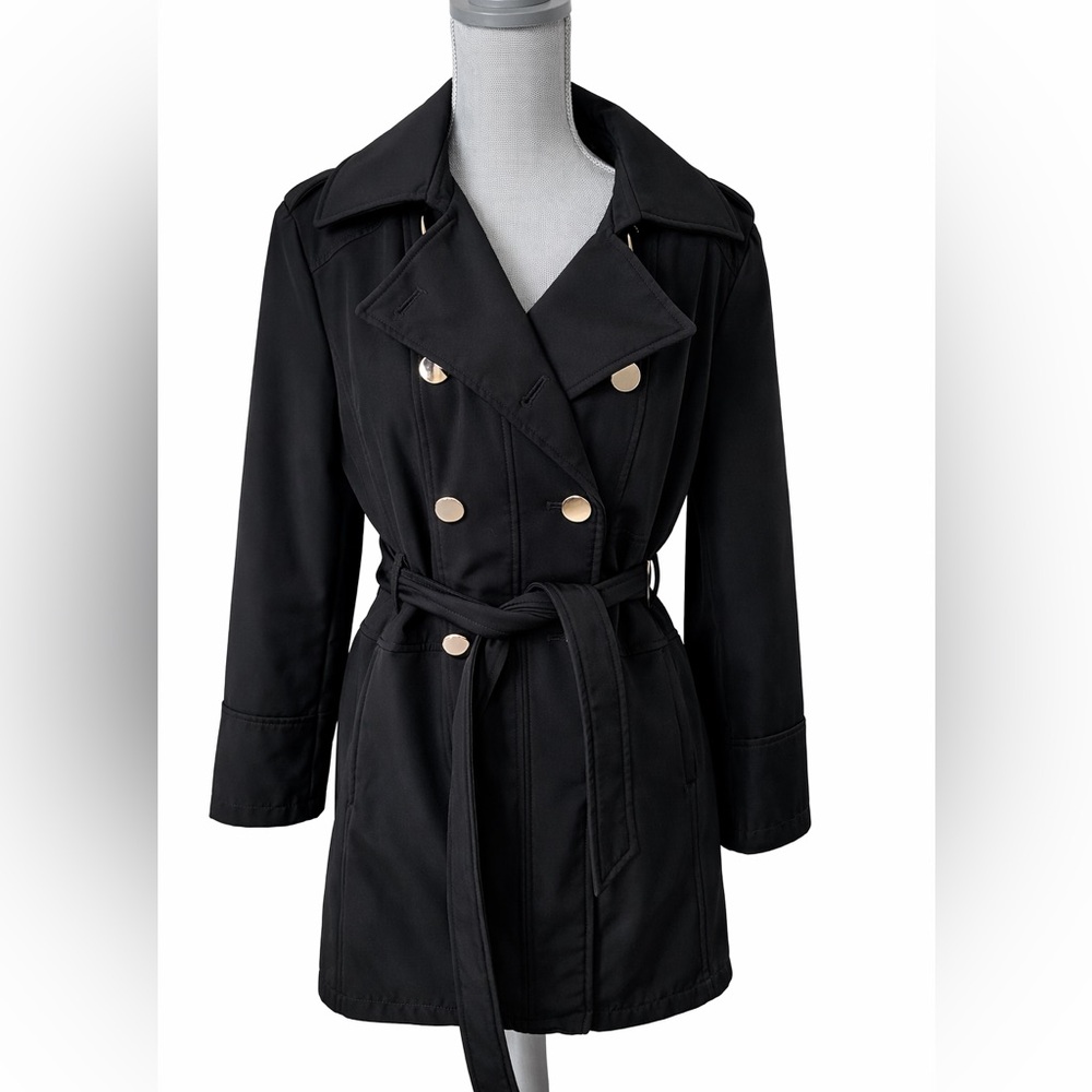 GUESS Est. 1981 Black Belted Double-Breasted Trench Coat Gold Buttons XL